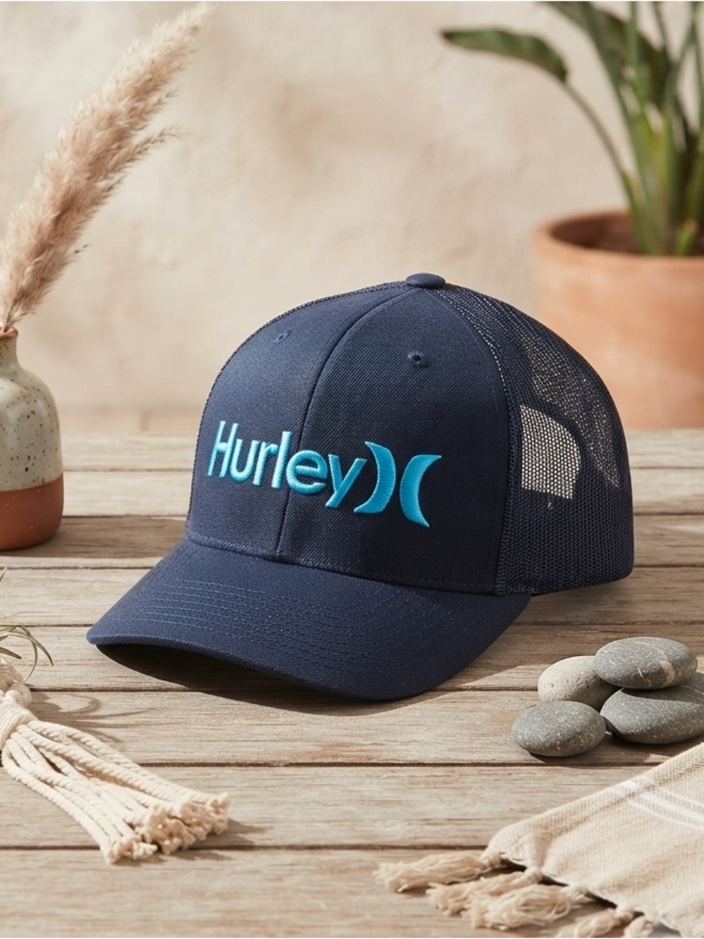 HURLEY Women’s Trucker Hat - Navy Blue Mesh Back Snapback Cap - Turquoise Logo